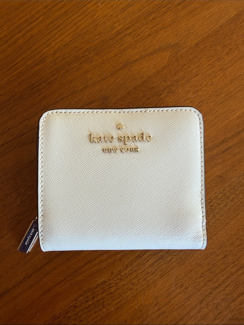 kate spade Cream Leather Zip Card Holder with Gold Logo